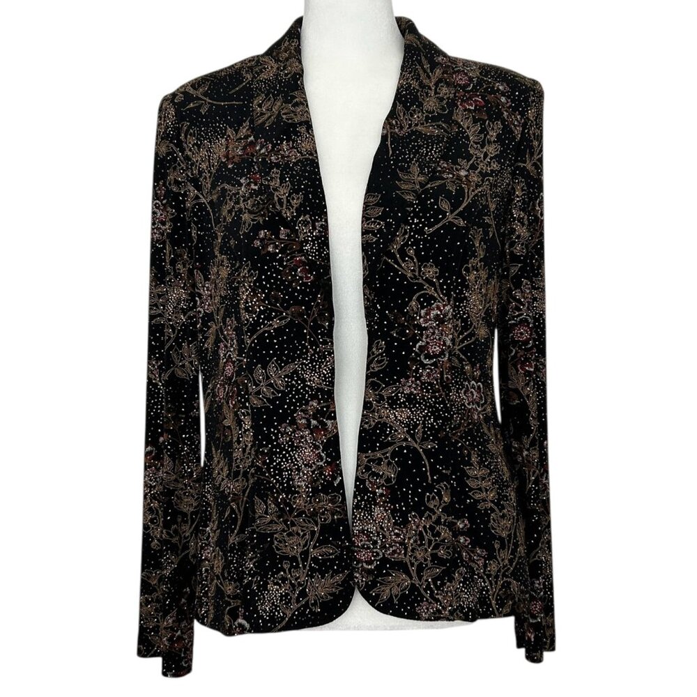 Alex Evenings Vintage Metallic Glitter Floral Design Open Front Jacket (S)